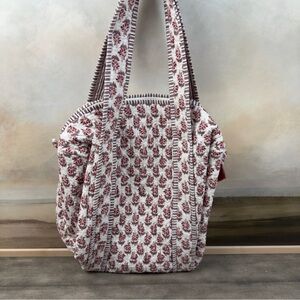 Mark & Graham Block Print Quilted Duffle Bag  Red-Brown Flower No mono NWOT